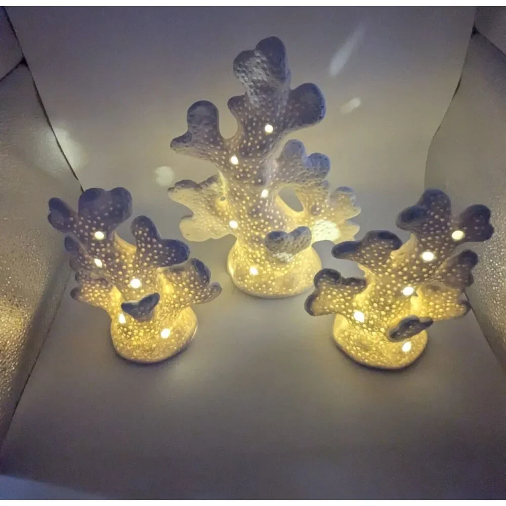 Valerie Parr Hill 3pc Illuminated Porcelain Coral Set White Coastal Decor NOB